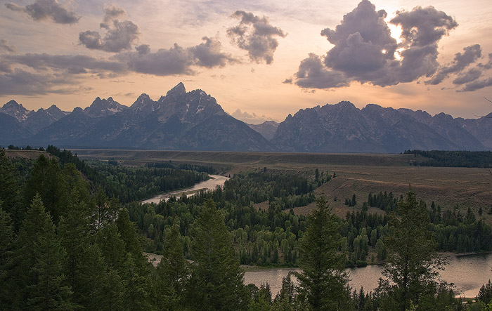 The classic view of the Snake River Overlook, immortalized by Ansel Adams. This was the best lighting in the three evenings I...