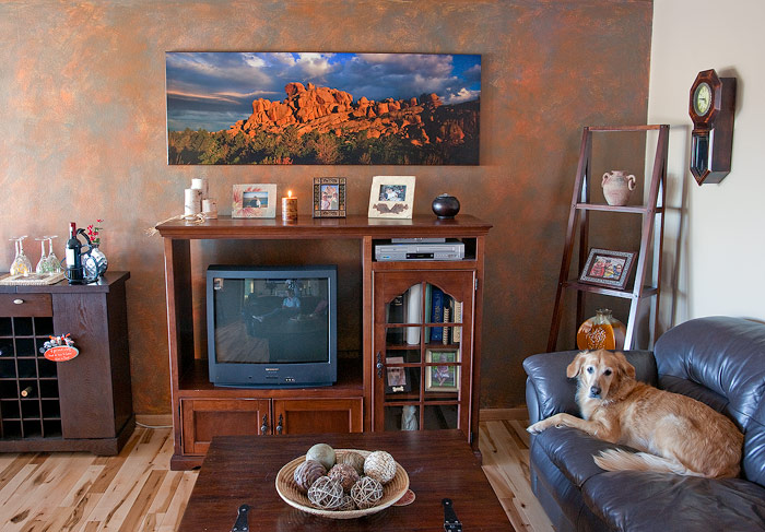 A 22x62 print of "Vedauwoo Sunrise Panorama" framed in the  box mounting style. This print makes a beautiful addition to my living...